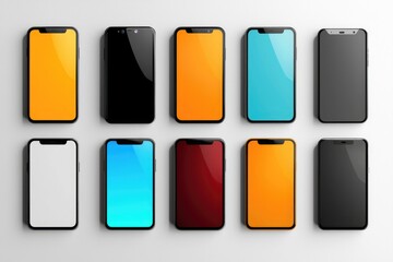Variety of Smartphone Designs with Different Colors and Screens Displayed on a Clean Surface for Technology and Gadget Concepts