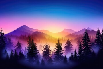 Fototapeta premium Tranquil Forest Landscape at Sunrise with Colorful Sky and Misty Mountains in the Background, Perfect for Nature Lovers and Scenic Views