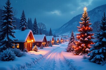 Fototapeta premium Snowy village scene with festive lights and Christmas trees,, christmas,