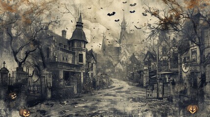 A Gothic-style village scene showcasing eerie Halloween details, flying bats, jack-o'-lanterns, and a foreboding atmosphere under moonlit skies. AI generated.