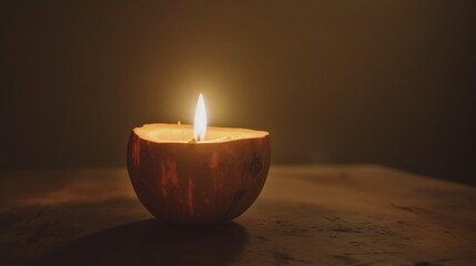 A glowing candle placed inside a carved pumpkin creates a cozy and warm ambiance, ideal for autumn and festive settings. Perfect for seasonal or decorative use. AI generated.