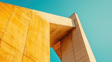 Abstract architectural structure with vibrant yellow concrete against a clear blue sky