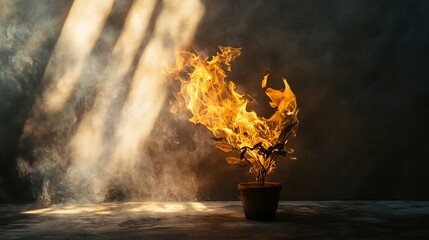 Burning ambitions, A potted plant consumed by intense flames and fervor