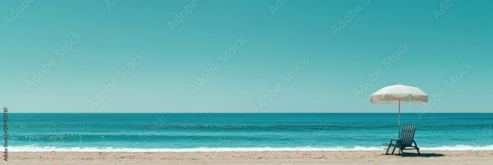 Poster relaxing at a serene beach with a lounge chair and umbrella under a sunny sky. generative ai