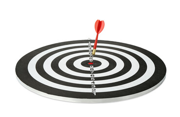 Dart board with red arrow isolated on white