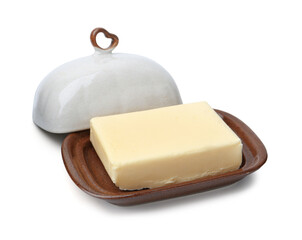 Block of tasty butter in dish isolated on white