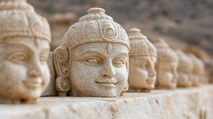 Obraz premium Smiling stone deity heads, ancient ruins, India, cultural heritage
