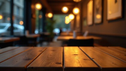 Empty wooden table top with blurred light gold bokeh in cafe restaurant at night, warm lighting, blurred effect