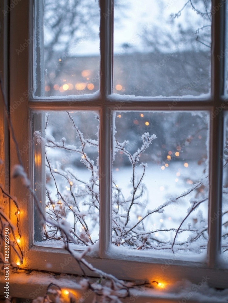 Aufkleber snowy winter view from a window with warm lights illuminating the frost covered branches outside. ge