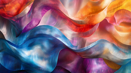 A colorful, iridescent texture featuring waves of folded material, creating a dynamic, visually engaging pattern with shifting light. Shifting Geometries. Illustration