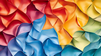 A colorful, iridescent texture featuring waves of folded material, creating a dynamic, visually engaging pattern with shifting light. Shifting Geometries. Illustration