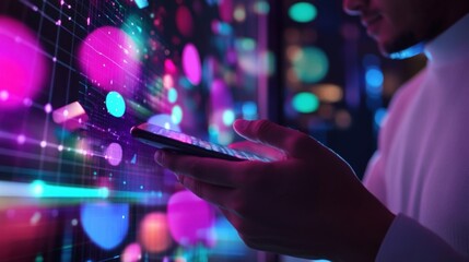 Film editor working with smartphone and holographic futuristic effect overlayed, editing movie digital effects in post production process, innovative technology concept