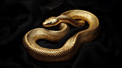 Fototapeta premium Gleaming serpent , a golden reptile coiled on opulent ebony fabric