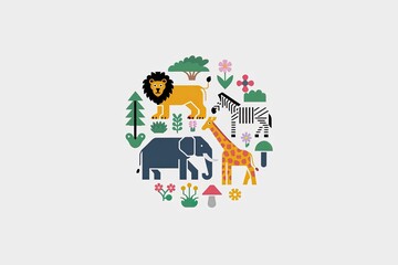 Playful Geometric Zoo Animals in Round Composition, Lion, Giraffe, Zebra, Elephant, Flowers, Trees, Children's Style, Bright Colors, Vector Graphic