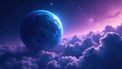 Obraz premium Ethereal blue gas giant planet with swirling purple clouds and starry night sky background, planetary system, nebula