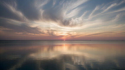 Obraz premium Serene Sunset Reflection over Calm Water