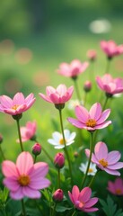 Obraz premium Soft, pastel-colored flowers blooming in a lush meadow, fuzzy pink blue yellow gradient, nature