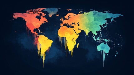 Fototapeta premium Vibrant watercolor world map artfully drips rich colors onto dark background. AI Generated