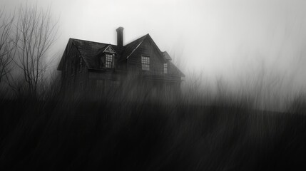 Atmospheric image of a dark, abandoned house surrounded by fog and barren trees, creating a haunting, mysterious mood. Perfect for horror or thriller concepts. AI generated.