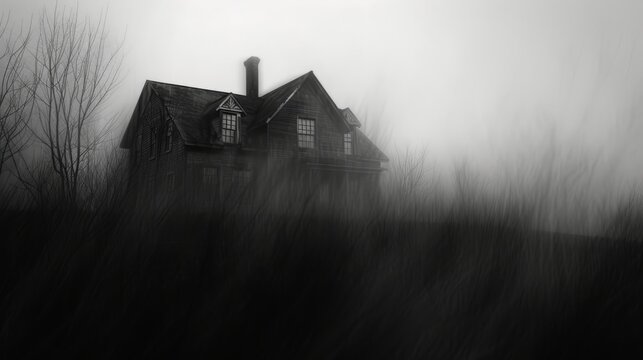 Atmospheric image of a dark, abandoned house surrounded by fog and barren trees, creating a haunting, mysterious mood. Perfect for horror or thriller concepts. AI generated.