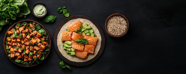 Fusion Sushi Pizza with Crispy Rice Base Topped with Salmon Vegetables and Herbs on a Dark Minimalist Background  Creative Culinary Fusion Dish Concept