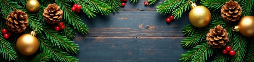 Fototapeta premium Evergreen fir branches with pine cones in a rustic holiday border, adorned with gold ornaments and berries, christmas, conifer, holiday