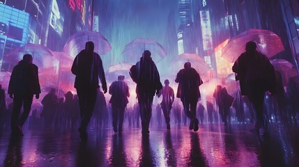 Silhouetted figures walking under colorful umbrellas in a vibrant, rainy urban street scene at night