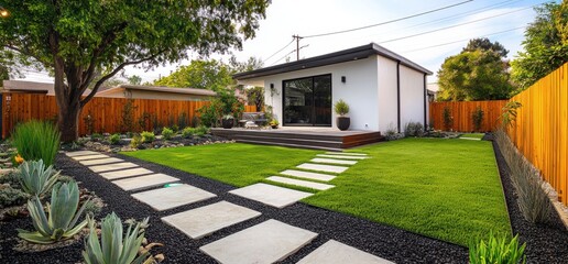 Modern Backyard Oasis:Landscaped Garden with Contemporary ADU