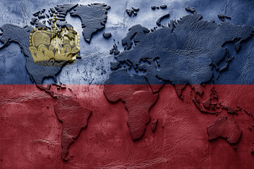 Fototapeta premium Flag of liechtenstein on the ancient leather old world map . Adventure concept. Macro shot. Generative Ai