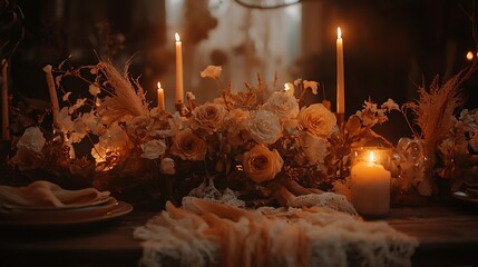 Soft lighting candles and flowers on rustic table setting