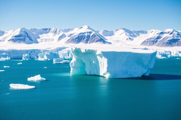 Serene Arctic scene featuring a large iceberg surrounded by turquoise waters, set against striking snow-covered mountains illuminated by clear skies