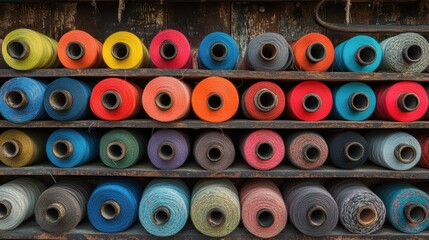 Fototapeta premium Colorful Threads on Wooden Shelf in Craft Workshop Environment