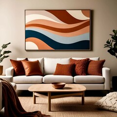 Modern Living Room with Abstract Wave Art and Cozy Textiles