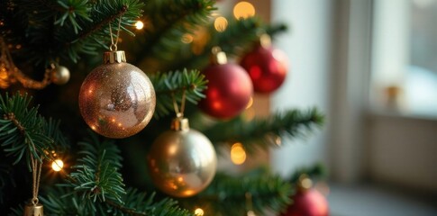 Fototapeta premium Sparkling Christmas tree adorned with glimmering glass balls and metallic ornaments in soft focus , decorative tree, christmas tree, festive decoration