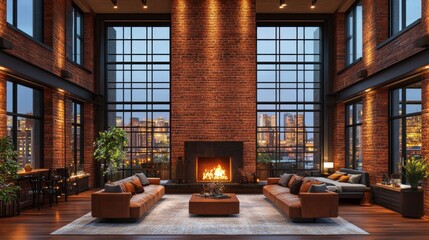 Luxurious loft apartment, evening city view, fireplace, interior design