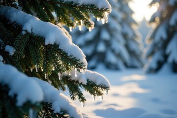 Sparkling ice and snow-covered fir branches in a cozy cabin, ice, peaceful, cozy