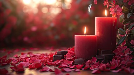 Romantic setting with lit candles surrounded by rose petals and chocolate, evoking tranquility