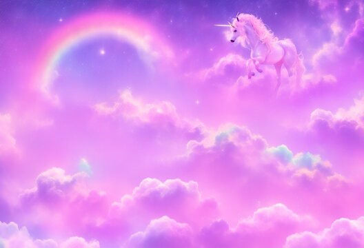 A background of pastel rainbow unicorns with glittering stars. A dreamy, pink, fuzzy sky. charming region with holography. A backdrop with fairy iridescent gradients Background. Hd size beautiful  pic