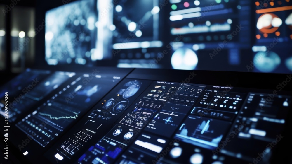 Poster multiple digital displays showing various data analysis charts, graphs, and metrics create a futuris