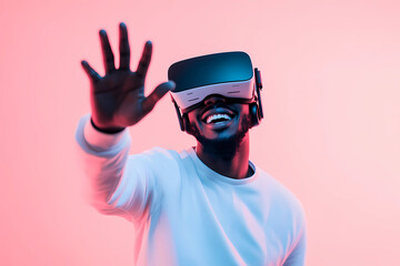 A man wearing a white shirt and black pants is wearing a virtual reality headset
