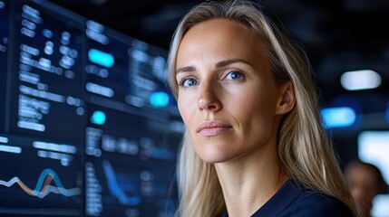 Confident and focused female business executive reviewing financial reports and data analytics on a large digital display screen in a modern corporate office setting