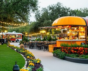 A vibrant outdoor food market featuring a colorful kiosk, string lights, and beautifully landscaped flower beds, creating a lively dining atmosphere.