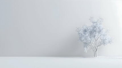 A serene winter scene featuring a solitary white tree against a minimalist snowy background