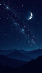 Sparkling stars on deep black background with crescent moon and constellations, nebula, cosmic, constellation