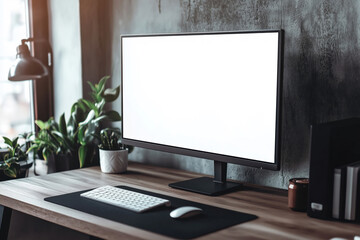 Fototapeta premium Desktop computer with white blank screen on the wooden table