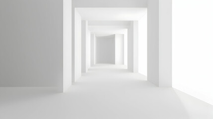 Fototapeta premium A minimalist white corridor with multiple perspectives leading to bright light, evoking tranquility