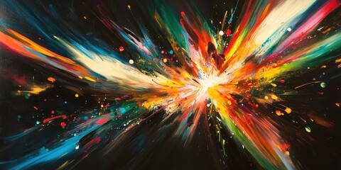 Fototapeta premium A dynamic, vibrant abstract oil painting bursts with vivid hues—blues, greens, yellows, reds, and oranges—intricately woven to create an energetic composition that captivates the eye