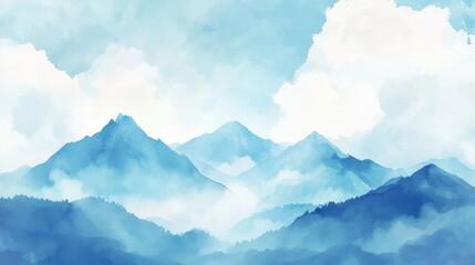 Misty blue mountains in a serene landscape showcasing soft watercolor tones and gentle clouds on a bright day. Generative AI