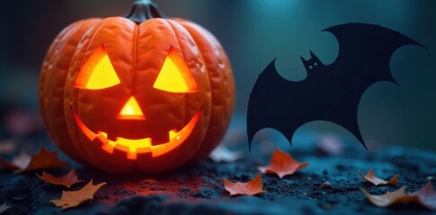 Naklejka premium Spooky bat silhouette against a jack-o-lantern, , silhouette, spooky