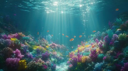 Fototapeta premium Vibrant Coral Reef with Sunlight and Colorful Marine Life Underwater